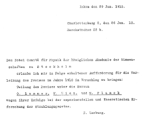 Vorschlag des Nobelpreises 1910 für Otto Lummer durch E. Warburg (Abschrift)