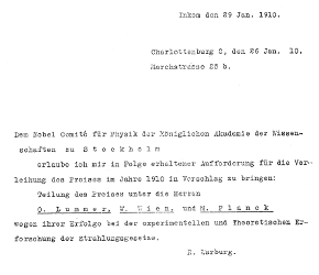 Vorschlag des Nobelpreises 1910 fr Otto Lummer durch E. Warburg (Abschrift)