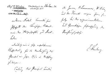 Vorschlag des Nobelpreises 1910 für Otto Lummer durch E. Warburg (handschriftlich)